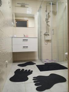 a bathroom with a shower and black rugs on the floor at Zakątek w Zaciszu in Ustka +49 photos