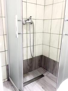 a shower with a glass door in a bathroom at Apartament Gdańsk Szklana Huta in Gdańsk