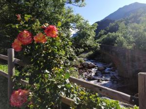 a bridge over a river with flowers on a fence at Camping Aneto in Benasque