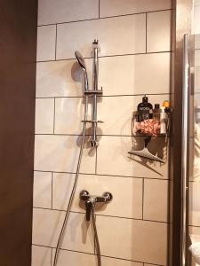 una ducha con una manguera pegada a la pared en Jolie Maisonnette Studio, en Saint-Herblain