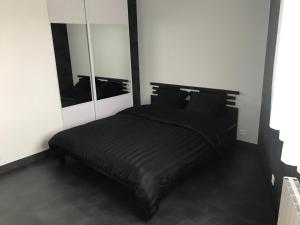 um quarto com uma cama preta e 2 espelhos em Jolie Maisonnette Studio em Saint-Herblain