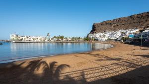 een schaduw van een palmboom op een strand bij Apartamentos Las Palmeras in Puerto de Mogán