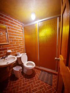La salle de bains est pourvue d'une douche, de toilettes et d'un lavabo. dans l'établissement Hotel Rayo de Sol y Luna, à Mineral del Monte