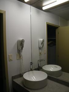 a bathroom with a sink and a hair dryer at Auberge De La Baie in Caraquet