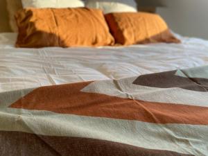 un letto con coperta colorata e cuscini sopra di Fenêtre sur Theux a Theux