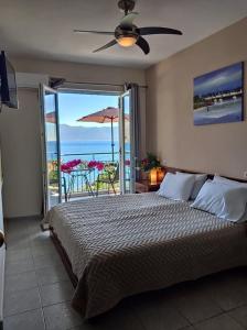 a bedroom with a bed with a view of the ocean at Ballas Apartments in Agia Effimia