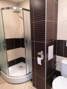 a bathroom with a shower and a toilet at Boutique Home Apartments in Varna City