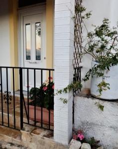 una porta d'ingresso di una casa con piante in vaso di Studio in Pelekas a Pelekas