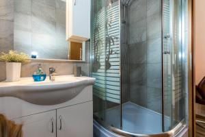 Un baño con lavabo y ducha de cristal. en Rooms and Apartments Budiša, en Vrlika 48 fotos más