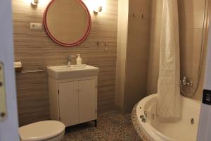 La salle de bains est pourvue d'un lavabo, de toilettes et d'un miroir. dans l'établissement Alojamiento Rural La Cochera, à Castril