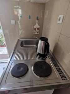 una estufa con un hervidor de agua encima en Apartments Coso Zlatne njive bb, en Kotor