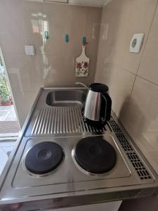 a stove top with a tea kettle on top of it at Apartments Coso Zlatne njive bb in Kotor