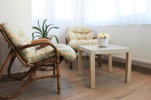 - un salon avec une chaise, une table et une chaise dans l'établissement Pogácsás Apartman, à Tokaj