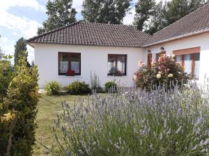 ein weißes Haus mit Blumen im Hof in der Unterkunft Studio du gite in Wavrans-sur-lʼAa