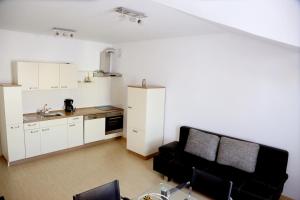 a living room with a couch and a kitchen at Vila Nona Apartment in Sibiu