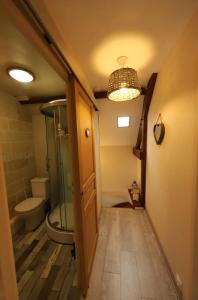 W łazience znajduje się przeszklony prysznic i toaleta. w obiekcie gîte de la Girouette w mieście Englesqueville-la-Percée