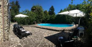 a swimming pool with chairs and umbrellas next to at Casa Gramapa in Rocca Priora