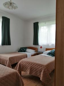 two beds in a room with green curtains at Apartments Jure in Smoljanac