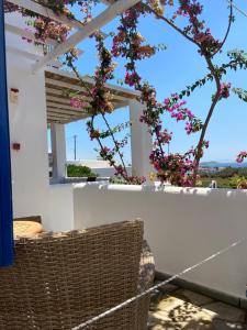 a balcony with pink flowers on a white wall at Spanos Apartments in Agios Petros
