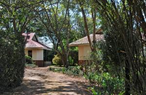 uma casa com uma entrada ao lado de uma casa com árvores em Heuglins Lodge em White River