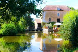 ein Haus und ein Fluss mit einem Gebäude im Hintergrund in der Unterkunft Chambre Coton au Moulin de gâteau in Saint-Pierre-les-Étieux