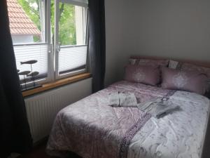 Schlafzimmer mit einem Bett und einem Fenster in der Unterkunft Ferienhaus Zur alten Schleuse in Wettin