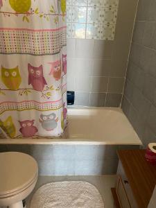 a bathroom with a shower curtain with owls on it at Camere Il Leone in Taormina