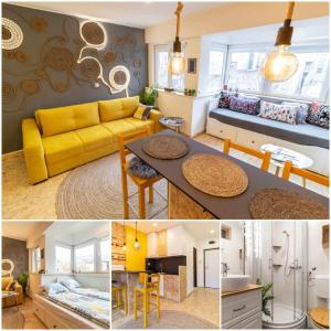 塞拉耶佛的住宿－FestivalStreet Apartment，客厅配有黄色的沙发和桌子
