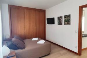 - une chambre avec un lit et une télévision murale dans l'établissement ÁTICO SAN MARCOS, à Salamanque