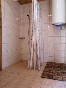 baño con ducha con cortinas y suelo de baldosa. en Marta-Lovise puhkemaja Kristiine, en Kipi