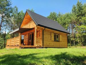 mały drewniany domek na polu trawy w obiekcie Bajka Domek na Roztoczu w mieście Bondyrz