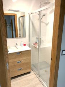 a bathroom with a glass shower and a sink at Apartamento Adelina in Silleda