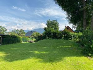 a large grassy yard with a tree and a house at Bungalov v Beskydech in Frenštát pod Radhoštěm