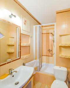 a bathroom with a toilet and a shower and a sink at Ambrozja Dom Gościnny Kołobrzeg in Kołobrzeg