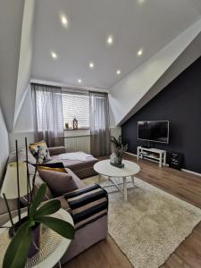 a living room with a couch and a tv at Elysian Apartments in Grabovac