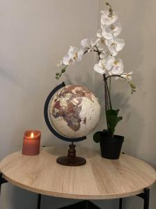 a table with a globe and a candle and a plant at Green Lodges in Blaregnies