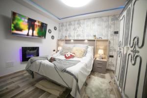 a bedroom with a bed and a tv on a wall at LA VEGUILLA DELUXE JACUZZi in Alhama de Aragón