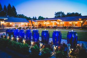 Una fila de jarrones azules en un jardín por la noche en Bann at Oak Knoll Napa en Napa