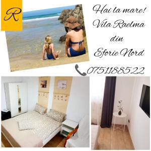 a collage of photos of a woman on the beach at Vila Raelma in Eforie Nord