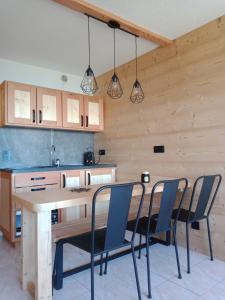 a kitchen with a table and chairs and wooden walls at appartement montagne- le petit Chaillol in Saint-Michel-de-Chaillol