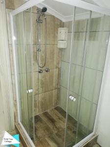 een douche met een glazen deur in de badkamer bij Beach wood Cottages in Shelly Beach