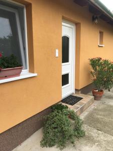 ein Haus mit einer weißen Tür und zwei Topfpflanzen in der Unterkunft Dália apartman Gyömrő in Gyömrő