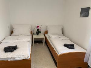 dos camas sentadas una al lado de la otra en una habitación en Dália apartman Gyömrő, en Gyömrő