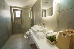 a bathroom with a sink and a toilet and a mirror at LIVIN Hydra Legacy Suite in Hydra +25 photos