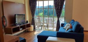a living room with a blue couch and a large window at Teaz Apartment @ Iris House Resort in Cameron Highlands