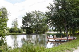 a pond with a wooden dock in the middle at Equitana Hotel Resort in Březnice