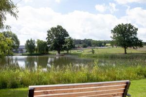 um banco de parque sentado em frente a um lago em Equitana Hotel Resort em Březnice