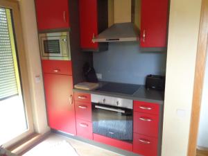 a kitchen with red cabinets and a stove at Ferienwohnung Carmen in Siegen +3 photos