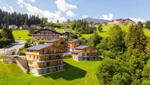 an aerial view of a house in a green field at Panorama Lodge Schladming in Schladming