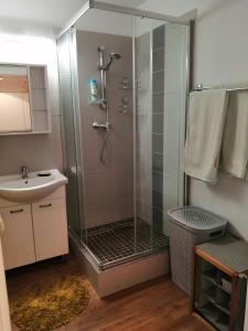 a bathroom with a shower and a sink at Slávik Apartment in Dunajská Streda